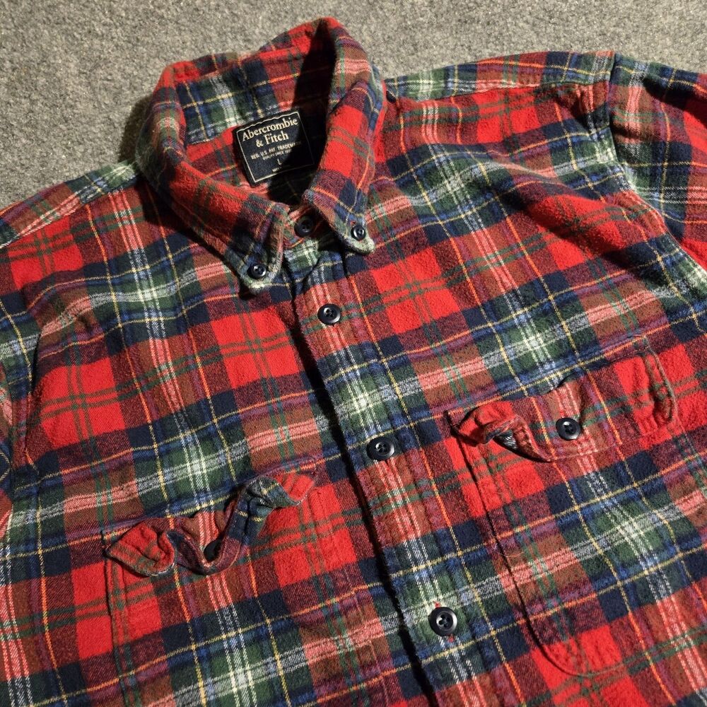 Abercrombie & Fitch Flannel Shirt Men’s Large Red Plaid Button Up Long-Sleeved